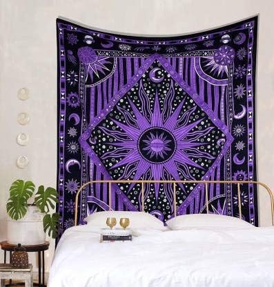 Hippie Bohemian Psychedelic Celestial Sun Moon Wall hanging Handmade Tapestry (Purple)