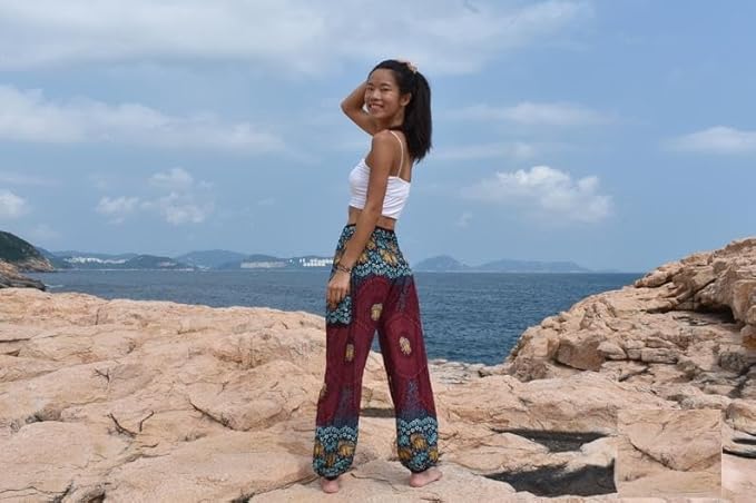 Women's Rayon Print Smocked Boho Harem Pant (Maroon & Blue Flowers)