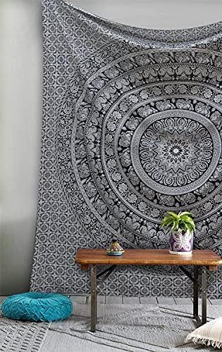 Handmade Indian hippie Bohemian Psychedelic Elephant Mandala Wall hanging Tapestry (Black And White)