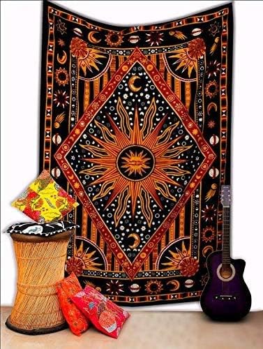 Hippie Bohemian Psychedelic Celestial Sun Moon Wall hanging Handmade Tapestry (Golden Orange)