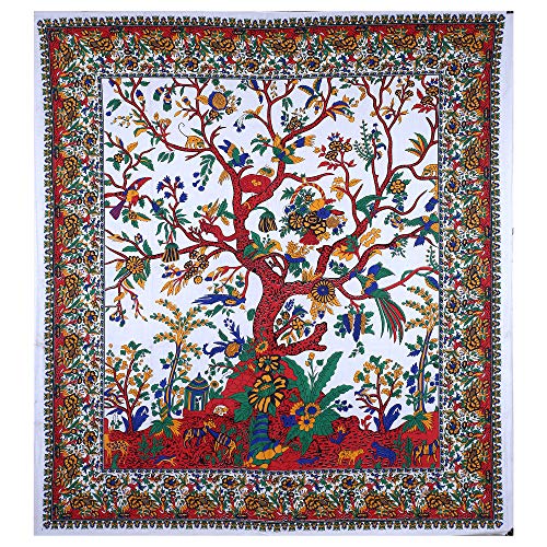 Tree of Life Wall Hanging Psychedelic Tapestry Indian Cotton Bedspread (White Red)