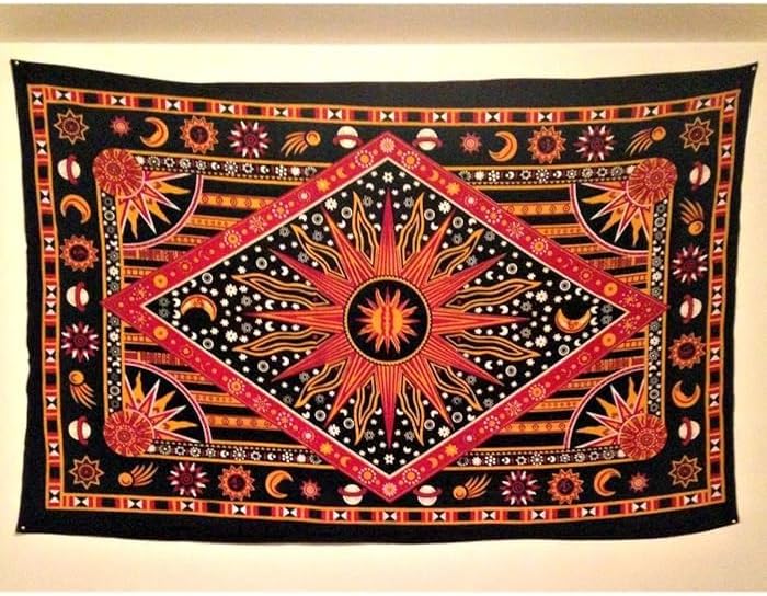 Hippie Bohemian Psychedelic Celestial Sun Moon Wall hanging Handmade Tapestry (Golden Orange)