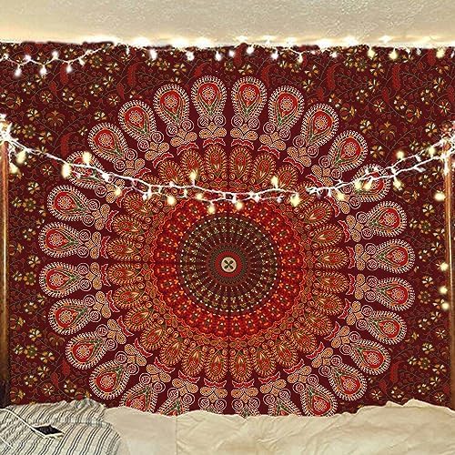 Hippie Bohemian Psychedelic Peacock Mandala Wall Hanging Bedding Tapestry (Maroon Yellow)