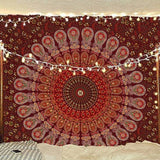 Hippie Bohemian Psychedelic Peacock Mandala Wall Hanging Bedding Tapestry (Maroon Yellow)