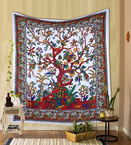 Tree of Life Wall Hanging Psychedelic Tapestry Indian Cotton Bedspread (White Red)