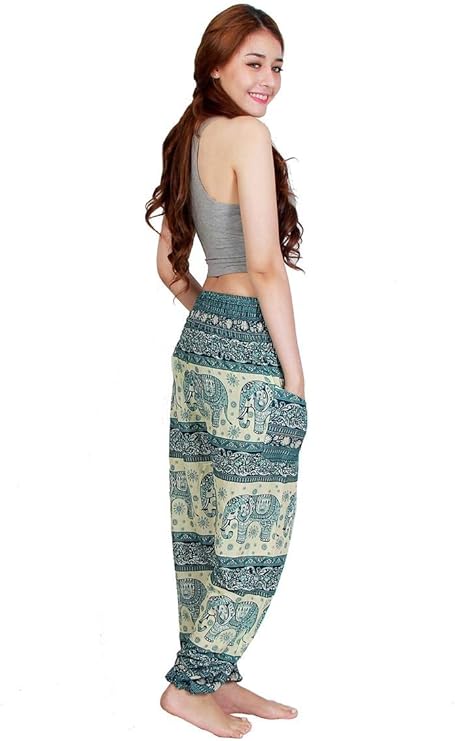 Women's Rayon Print Smocked Waist Boho Harem Pant (Blue Elephant)
