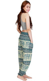 Women's Rayon Print Smocked Waist Boho Harem Pant (Blue Elephant)