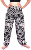 Women's Rayon Print Smocked Waist Boho Harem Pants (Classic Black Elephant)