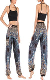 Women's Rayon Print Smocked Waist Boho Harem Pant (Black & Blue Flower)