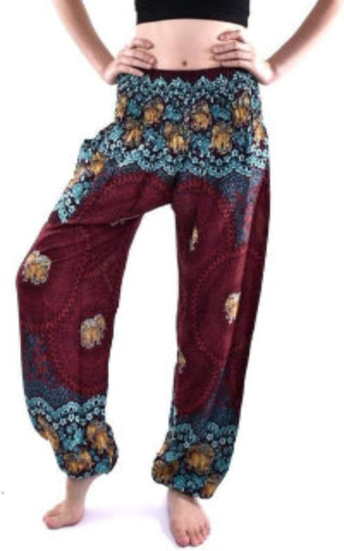 Women's Rayon Print Smocked Boho Harem Pant (Maroon & Blue Flowers)