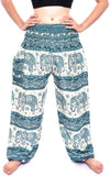 Women's Rayon Print Smocked Waist Boho Harem Pant (Blue Elephant)