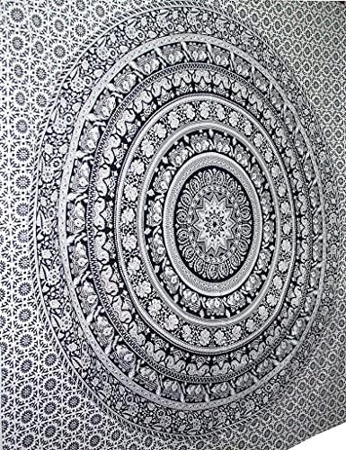 Handmade Indian hippie Bohemian Psychedelic Elephant Mandala Wall hanging Tapestry (Black And White)
