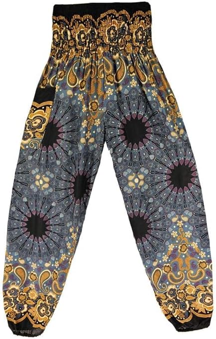 Women's Rayon Print Smocked Waist Boho Harem Pant (Black & Blue Flower)