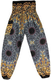 Women's Rayon Print Smocked Waist Boho Harem Pant (Black & Blue Flower)