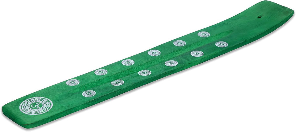 Traditional Handmade Wooden Incense Stick Holder, Ash-Catcher, (Earth Green) 10 Inches