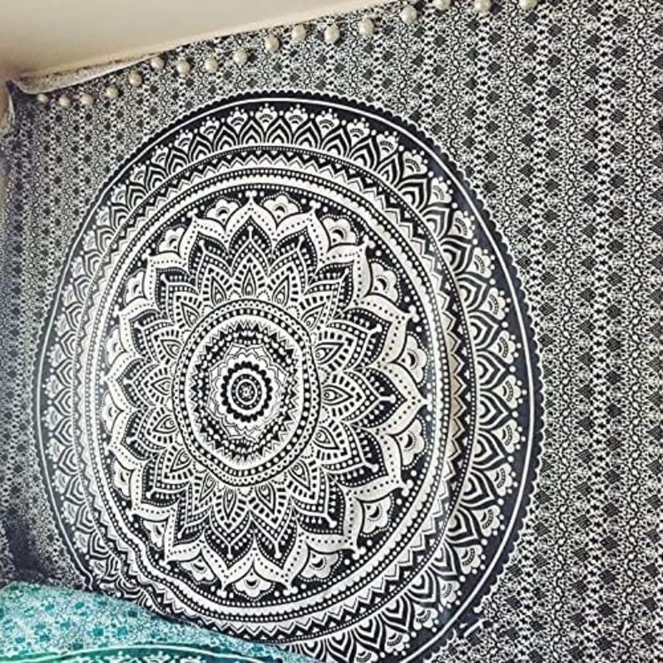 Traditional Mandala Hippie Wall Hanging, Cotton Ombre Tapestry (Grey/Black)