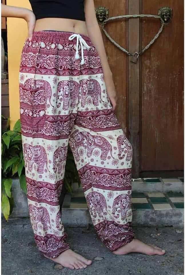 Women's Rayon Print Smocked Waist Boho Harem Pant (Red & Wite Elephant)