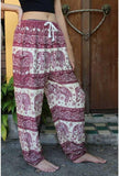 Women's Rayon Print Smocked Waist Boho Harem Pant (Red & Wite Elephant)