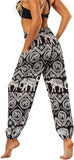 Women's Rayon Print Smocked Waist Boho Harem Pants (Classic Black Elephant)