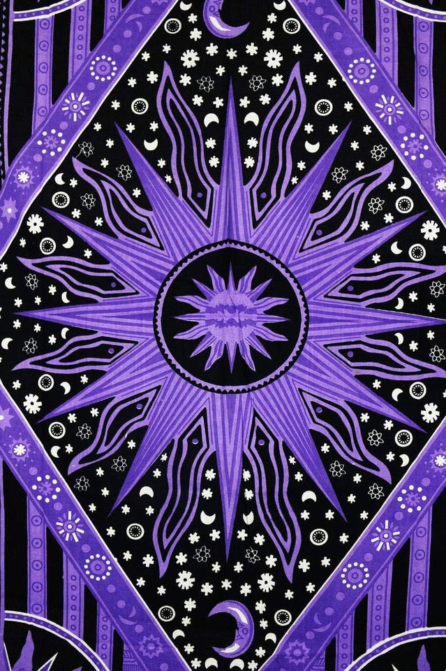 Hippie Bohemian Psychedelic Celestial Sun Moon Wall hanging Handmade Tapestry (Purple)