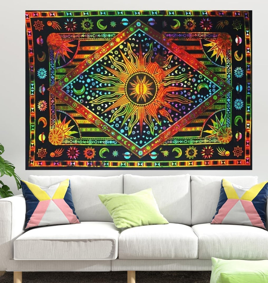 Hippie Bohemian Psychedelic Celestial Sun Moon Wall hanging Handmade Tapestry (Orange Multicoloured)