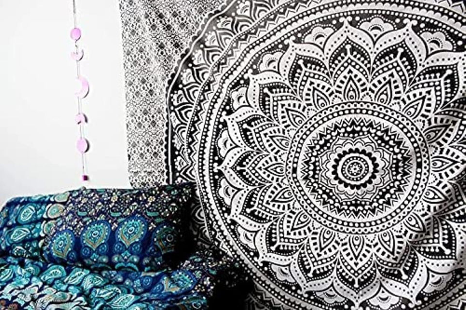 Traditional Mandala Hippie Wall Hanging, Cotton Ombre Tapestry (Grey/Black)