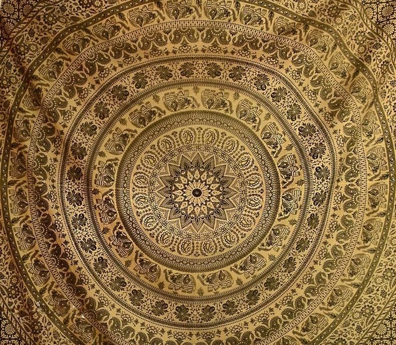 Handmade hippie Bohemian Psychedelic Elephant Mandala Wall hanging Tapestry (Black & Gold)