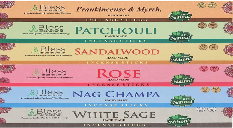 Assorted Incense Sticks 12-Scents Frankincense and Myrrh, Patchouli, Rose, Sandalwood, Nag Champa, White Sage, Lemon Grass, Citronella, Palo Santo, Dragons Blood, YLANG-YLANG, Lavender with Holder (25 Sticks of Each Scent)