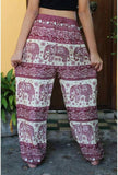 Women's Rayon Print Smocked Waist Boho Harem Pant (Red & Wite Elephant)