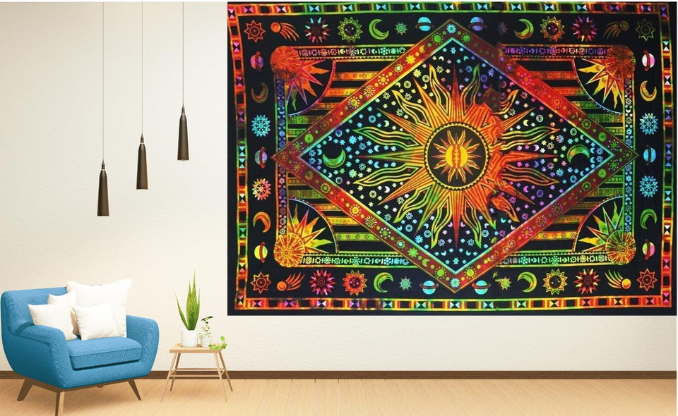Hippie Bohemian Psychedelic Celestial Sun Moon Wall hanging Handmade Tapestry (Orange Multicoloured)