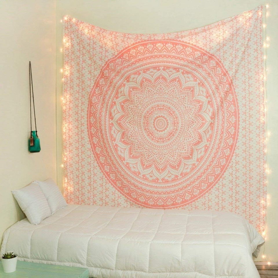 Traditional Mandala Hippie Wall Hanging, Cotton Ombre Tapestry (Rose Gold)