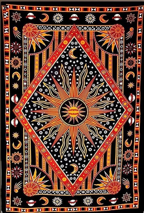 Hippie Bohemian Psychedelic Celestial Sun Moon Wall hanging Handmade Tapestry (Golden Orange)