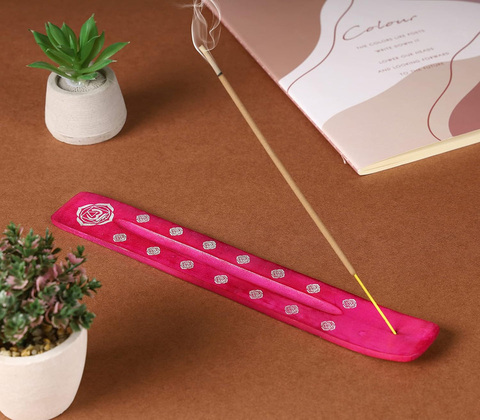 Traditional Handmade Wooden Incense Stick Holder, Ash-Catcher, (Heart Pink) 10 Inches