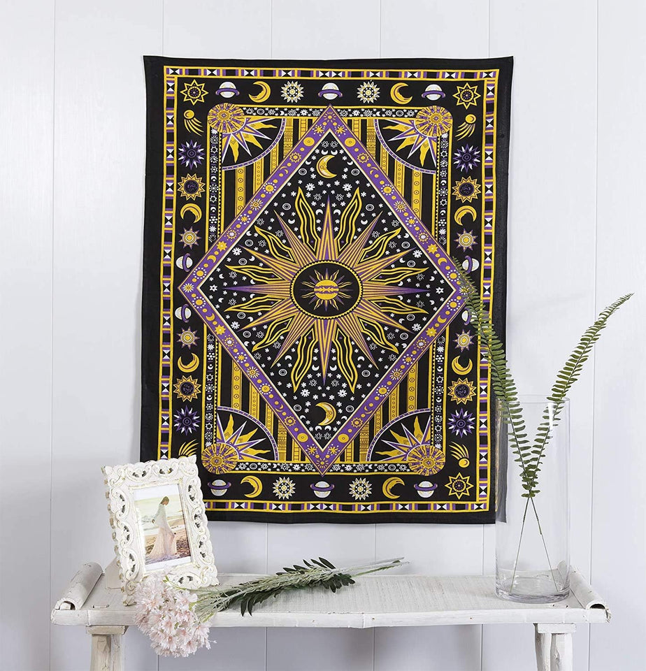 Hippie Bohemian Psychedelic Celestial Sun Moon Wall hanging Handmade Tapestry (Purple/Yellow)