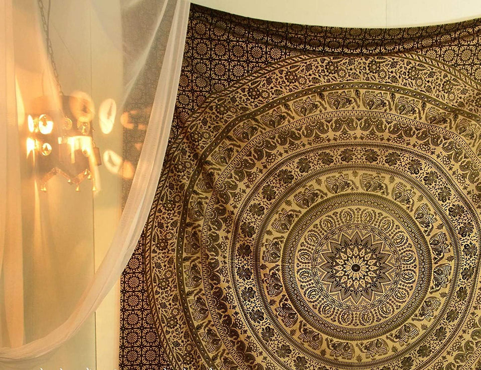 Handmade hippie Bohemian Psychedelic Elephant Mandala Wall hanging Tapestry (Black & Gold)