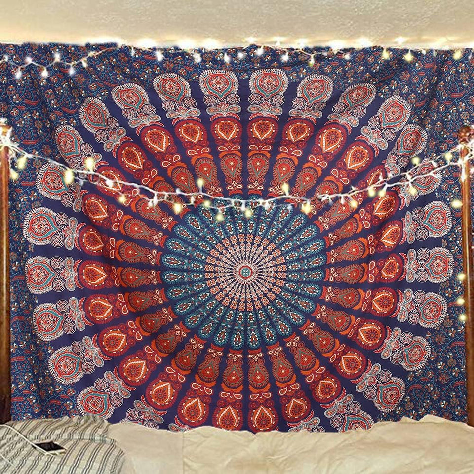Hippie Bohemian Psychedelic Peacock Mandala Wall Hanging Bedding Tapestry (Golden Blue White)
