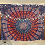 Hippie Bohemian Psychedelic Peacock Mandala Wall Hanging Bedding Tapestry (Golden Blue White)