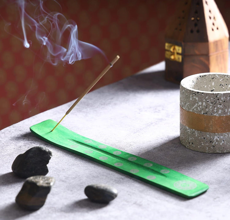 Traditional Handmade Wooden Incense Stick Holder, Ash-Catcher, (Earth Green) 10 Inches
