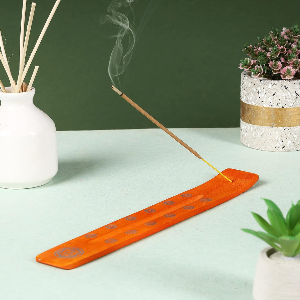 Traditional Handmade Wooden Incense Stick Holder, Ash-Catcher, Stand for Aromatherapy, Meditation, Yoga (Orange) 10 Inches