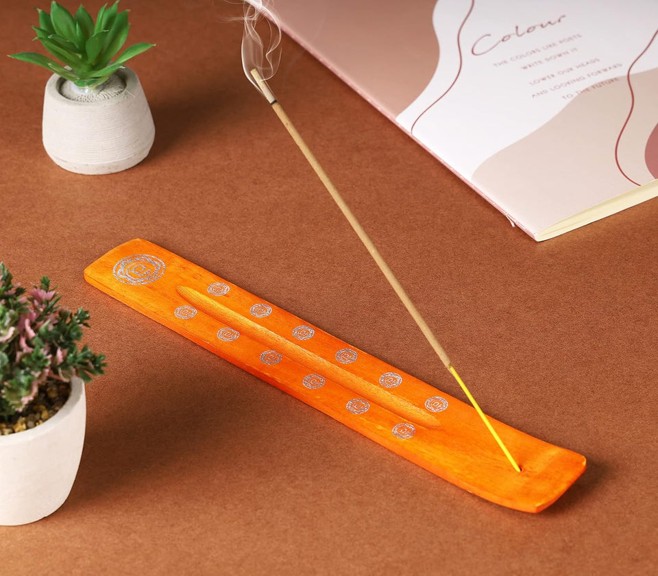 Traditional Handmade Wooden Incense Stick Holder, Ash-Catcher, Stand for Aromatherapy, Meditation, Yoga (Orange) 10 Inches