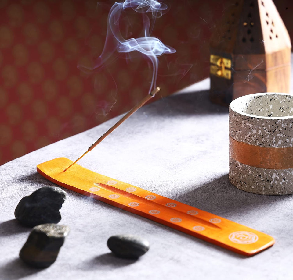 Traditional Handmade Wooden Incense Stick Holder, Ash-Catcher, Stand for Aromatherapy, Meditation, Yoga (Orange) 10 Inches