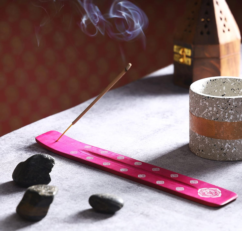 Traditional Handmade Wooden Incense Stick Holder, Ash-Catcher, (Heart Pink) 10 Inches