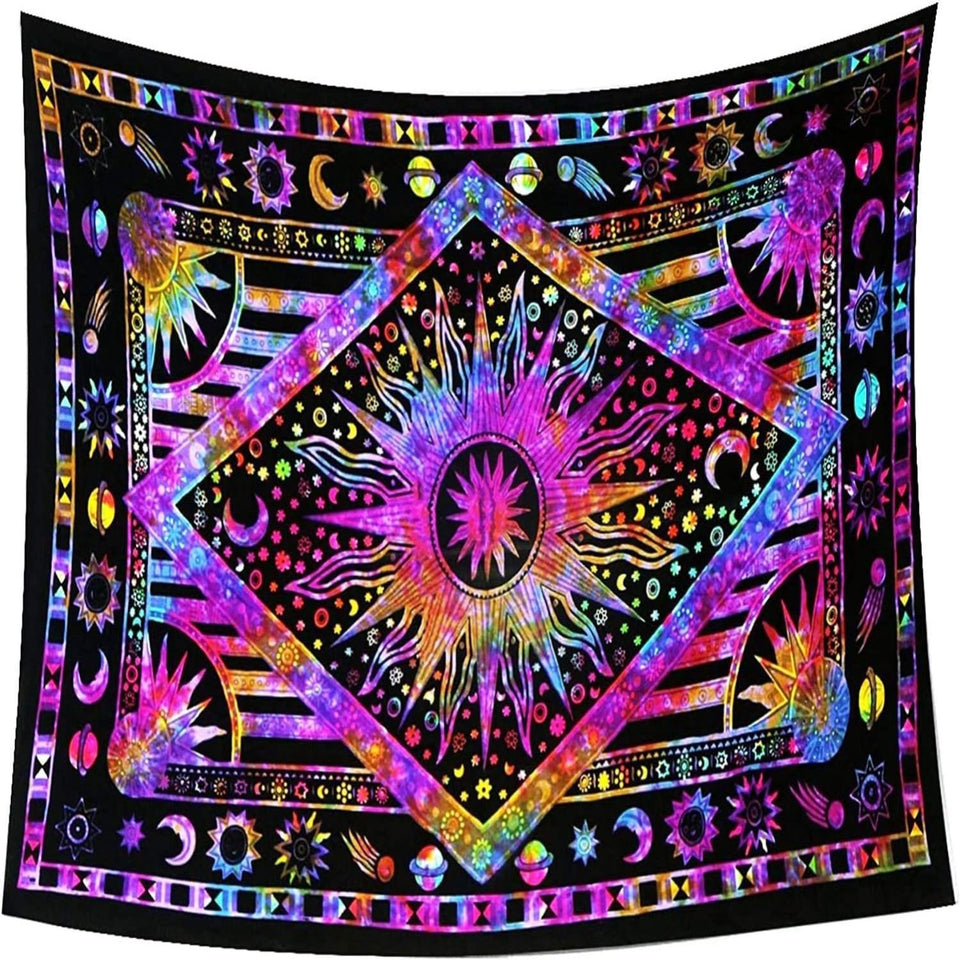 Hippie Bohemian Psychedelic Celestial Sun Moon Wall hanging Handmade Tapestry (Purple Multi)