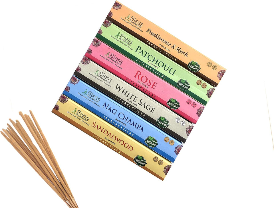 Assorted Incense Sticks 6-Scents Frankincense and Myrrh, Patchouli, Rose, Sandalwood, Nag Champa, White Sage, with Holder (25 Sticks of Each Scent)