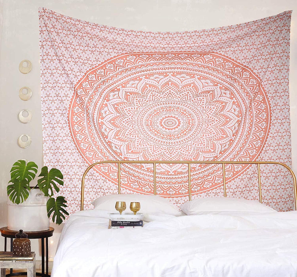 Traditional Mandala Hippie Wall Hanging, Cotton Ombre Tapestry (Rose Gold)