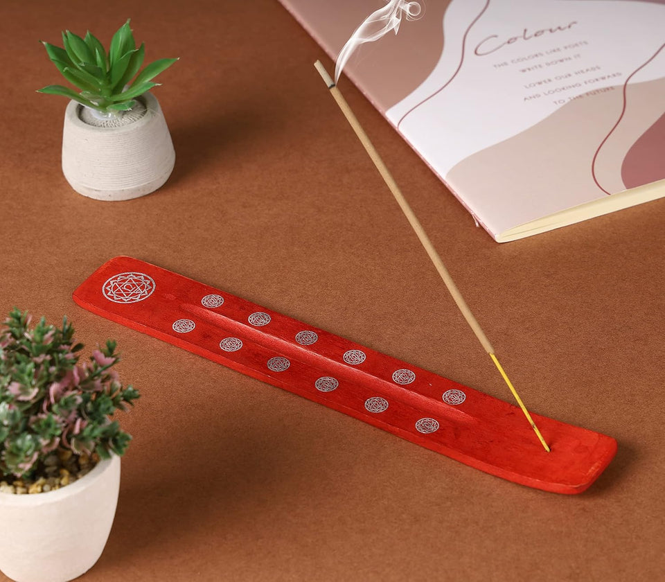 Traditional Handmade Wooden Incense Stick Holder, Ash-Catcher, (Fire Red) 10 Inches