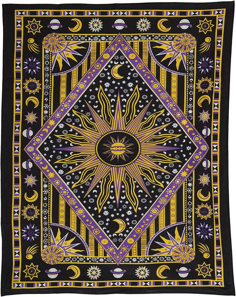 Hippie Bohemian Psychedelic Celestial Sun Moon Wall hanging Handmade Tapestry (Purple/Yellow)