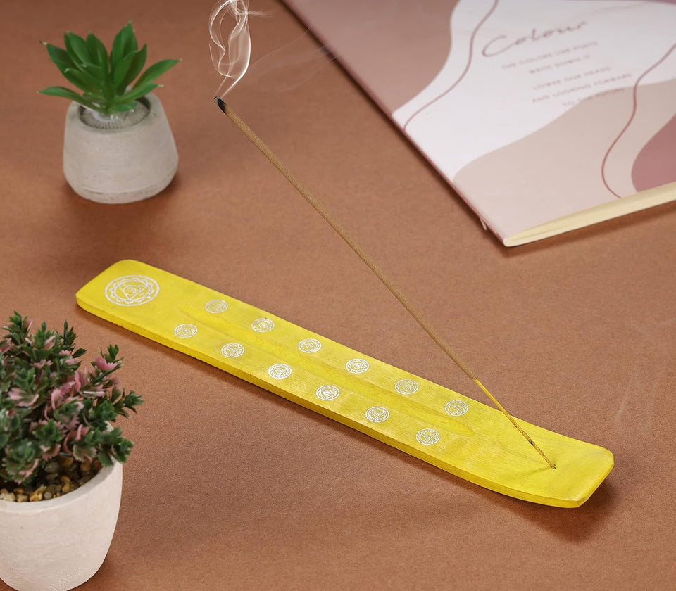 Traditional Handmade Wooden Incense Stick Holder, Ash-Catcher, (Positivity Yellow)  10 Inches