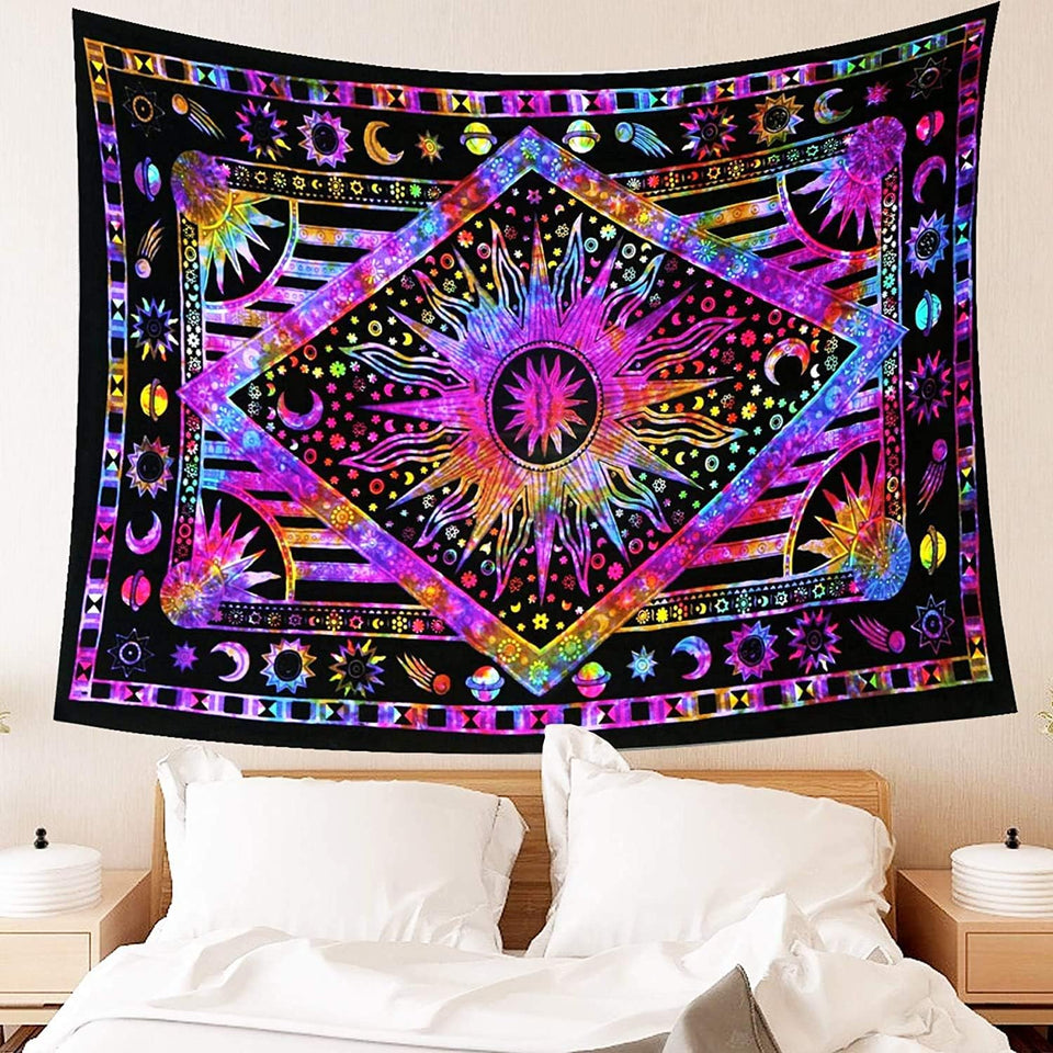 Hippie Bohemian Psychedelic Celestial Sun Moon Wall hanging Handmade Tapestry (Purple Multi)