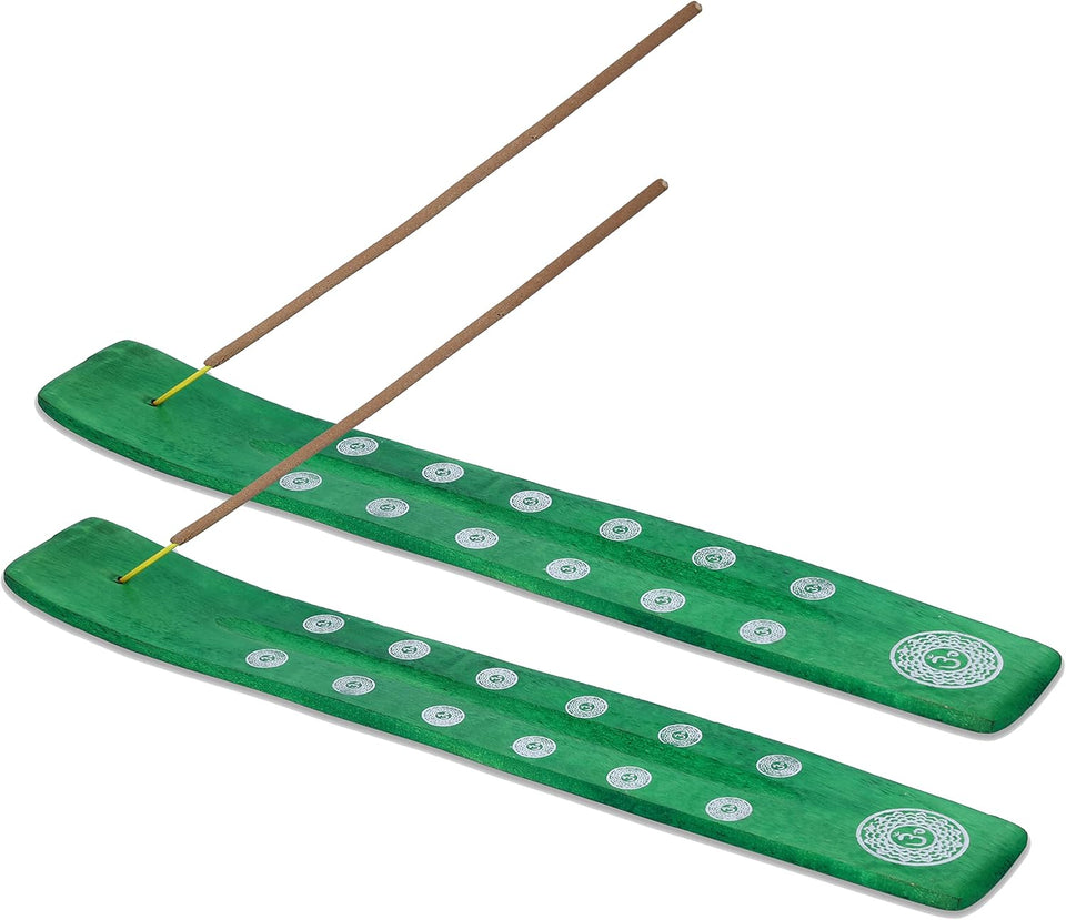 Traditional Handmade Wooden Incense Stick Holder, Ash-Catcher, (Earth Green) 10 Inches
